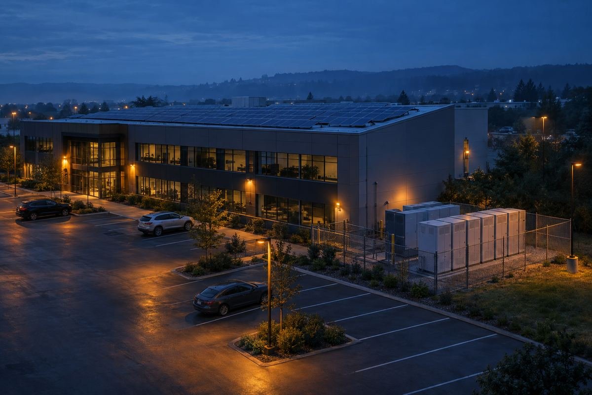 Outdoor battery cabinets beside a commercial building with rooftop solar at dusk