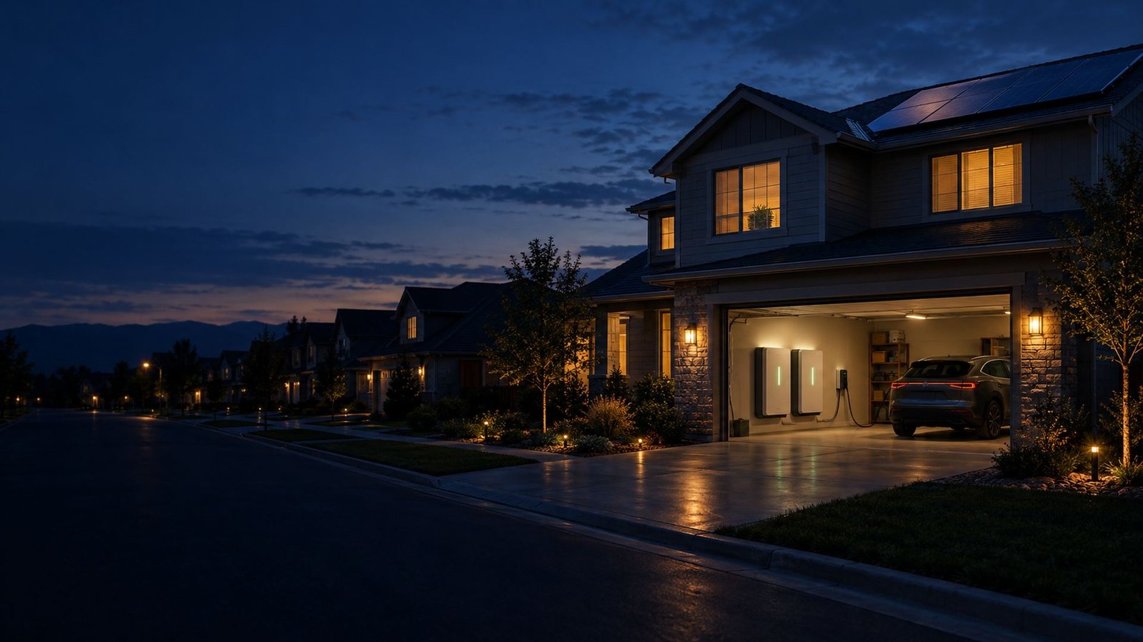 A suburban home at dusk with rooftop solar and batteries in the open garage