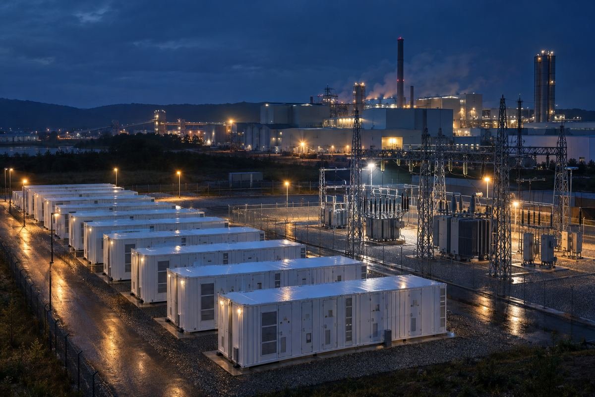 Rows of containerized battery storage beside a substation at an industrial site at night